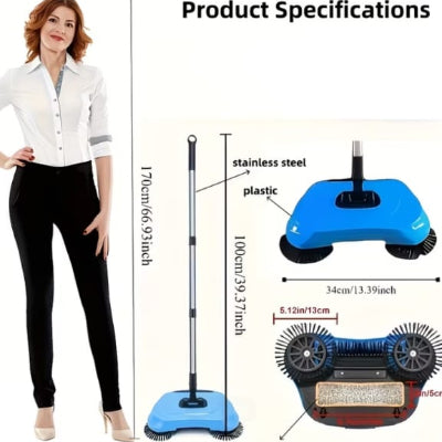 Manual Floor Sweeper - Cordless Push Broom with Dual Brushes